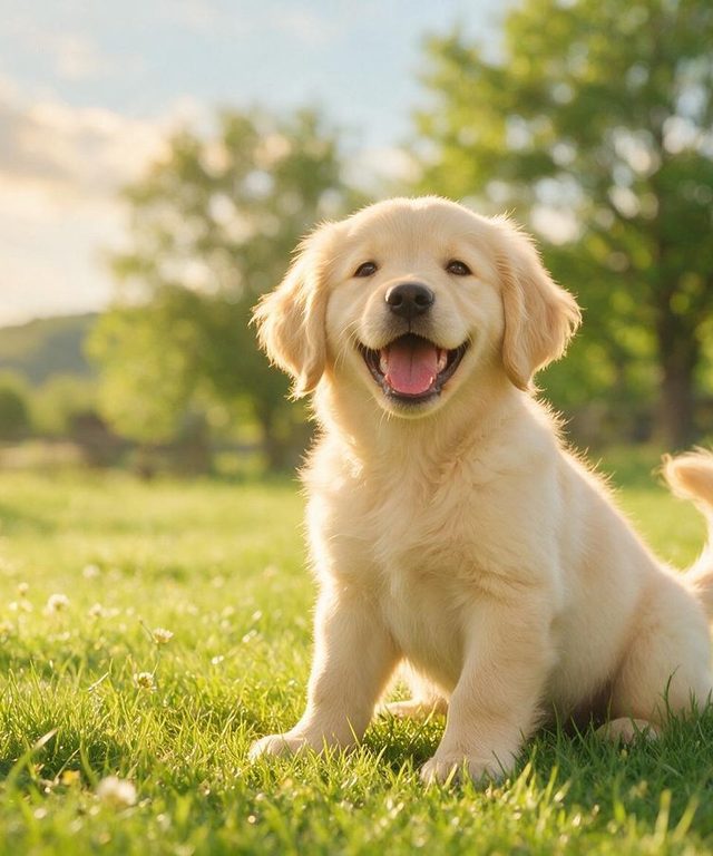 A golden retriever puppy sitting in bright sunlit grass