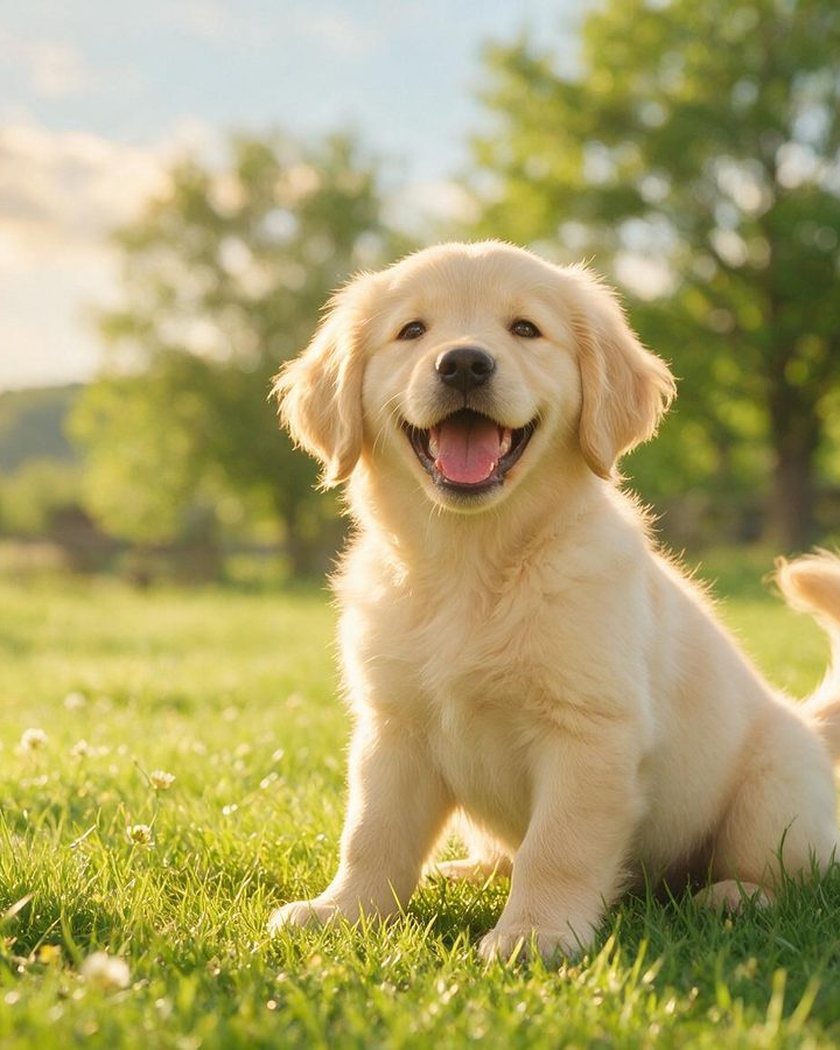 A golden retriever puppy sitting in sunlit grass