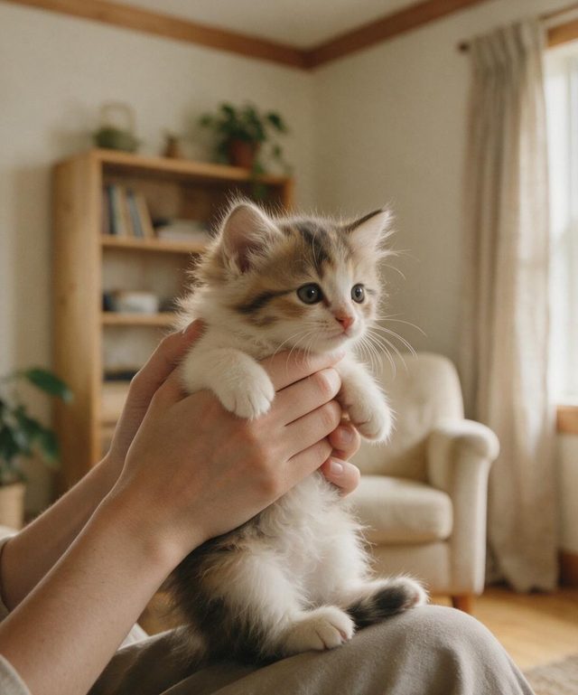 A person gently holding a small kitten in a warm living room