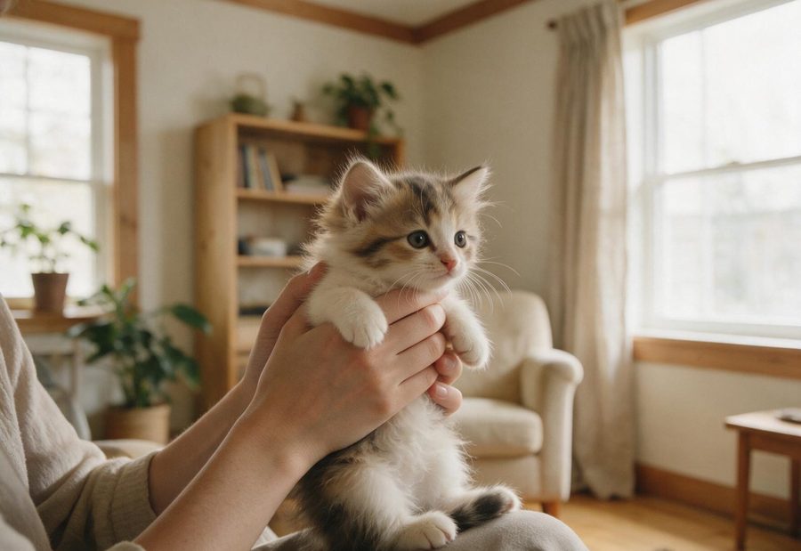 A volunteer holding a young kitten in a bright room