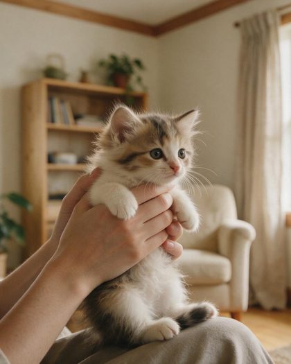 A person gently holding a small tabby and white kitten at home