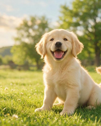 A golden retriever puppy sitting in sunlit grass