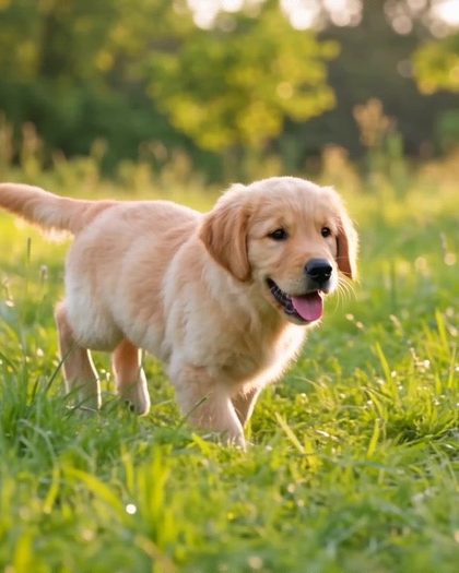 A young golden retriever walking through a green meadow