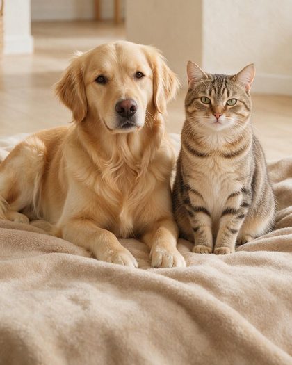 A golden retriever and a tabby cat resting side by side