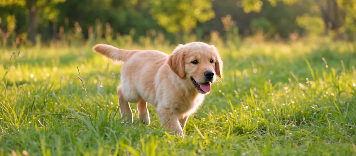 A young golden retriever walking through a sunlit meadow
