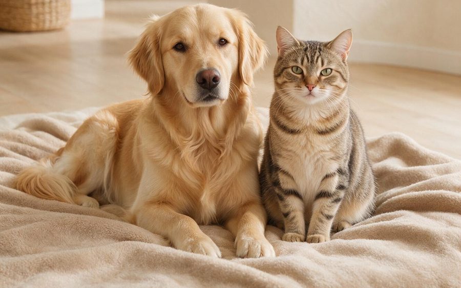 A dog and a cat resting calmly together at home